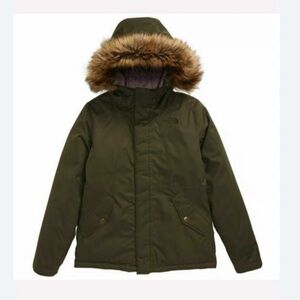 The North Face Greenland Down 550 Olive Green Girls Youth Faux Fur Jacket 10/12